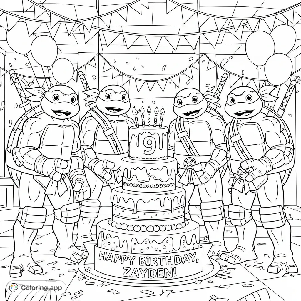 Celebrate with the Teenage Mutant Ninja Turtles at Zayden's awesome birthday party! A festive scene with a cake, banner, and all four heroes.