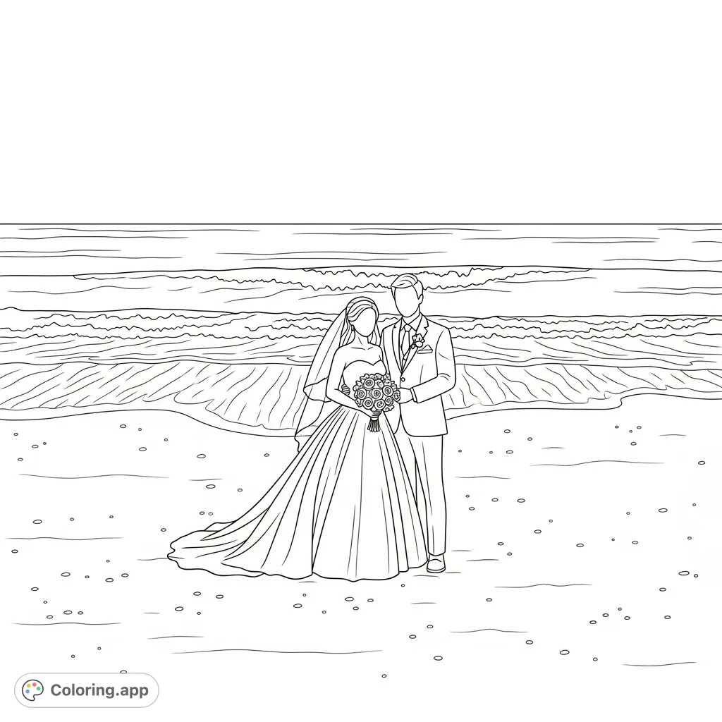 Capture the romance of a beach wedding. Color a beautiful couple on their special day with crashing ocean waves in the background.