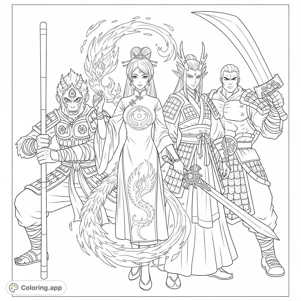 Embark on an epic coloring adventure with a powerful Monkey Warrior, an elegant Phoenix lady, a dragon-horned elf, and a robust turtle warrior in a detailed fantasy scene.