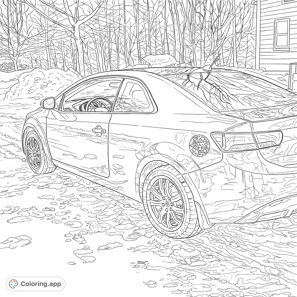 Color a sleek modern coupe parked on a textured winter road with snow piles and a leafless forest backdrop. A dynamic vehicle in a serene setting.