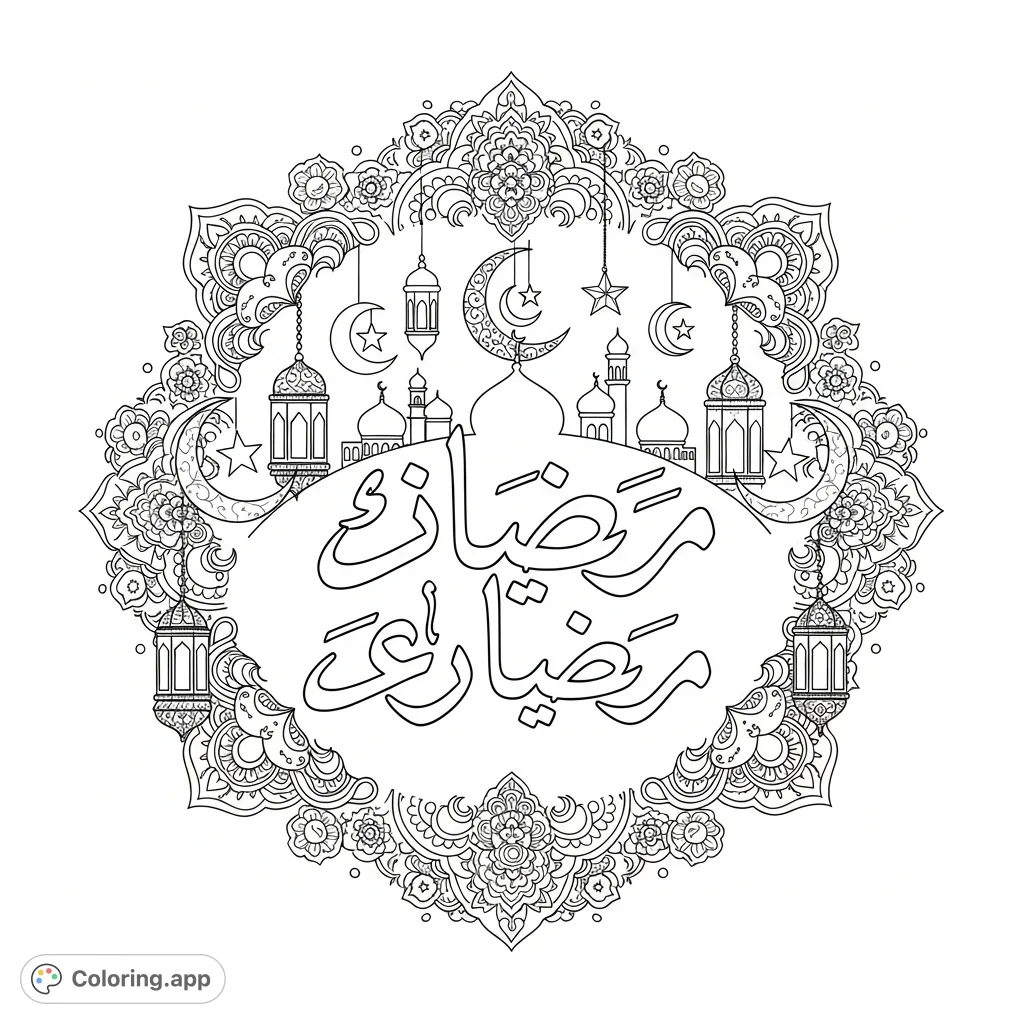 A beautiful Eid Mubarak Samar coloring page featuring large Arabic calligraphy surrounded by intricate lanterns, crescent moons, stars, and geometric decorations.