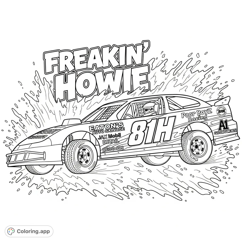 Experience the thrill of a dirt track compact race car, numbered "81H", soaring mid-air through a dynamic splash with "Freakin' Howie" graffiti.