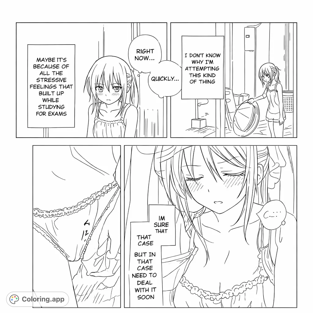 A young woman navigates a quiet laundry day, depicted in a series of contemplative and personal moments, including a close-up on delicate garments, offering a unique coloring experience.