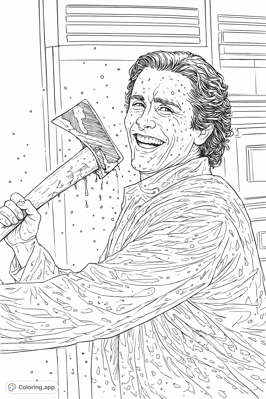 Unleash your creativity with this intense coloring page featuring a smiling figure covered in liquid specks, holding an axe. Realistic proportions, moderate detail.
