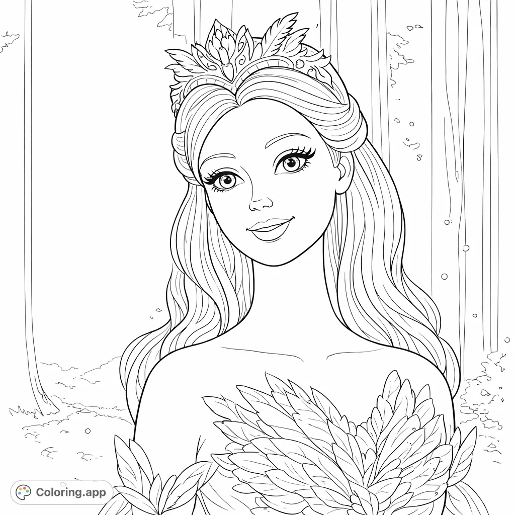 A beautiful princess with a feather crown and a unique feathered dress smiles gently in a magical forest. This fantasy princess coloring page is perfect for imaginative artists.