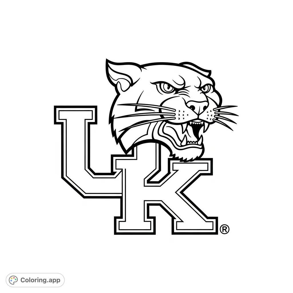 Capture the spirit of the UK Wildcats with this detailed logo coloring page. Featuring the intertwined 'UK' and a fierce wildcat head, perfect for fans!