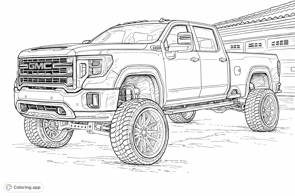 Unleash your creativity with this custom truck coloring page, featuring a powerful lifted pickup, bold wheels, and intricate details.