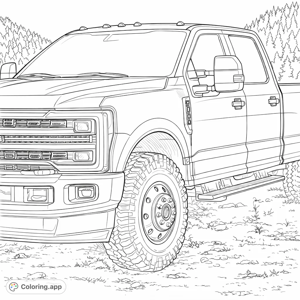 Color a powerful pickup truck with detailed features, ready for adventure on mountain trails. Perfect for vehicle enthusiasts and off-road fans.