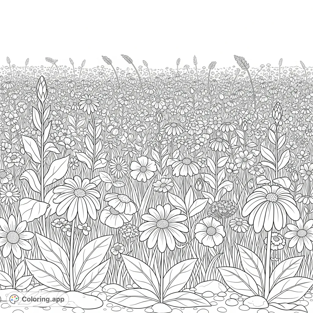 Immerse yourself in a serene flower field. This beautiful flower field coloring page offers endless opportunities to bring a vibrant botanical landscape to life.
