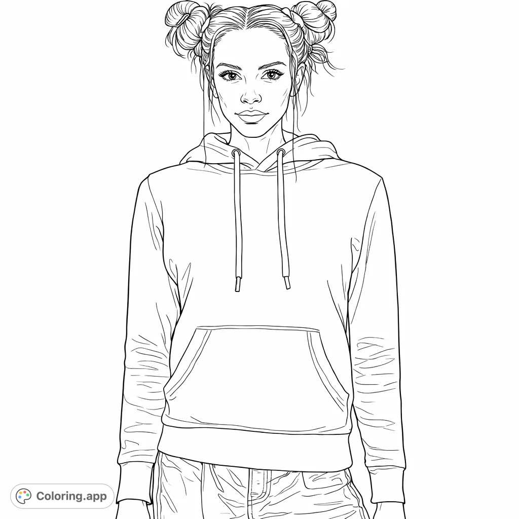 Color a trendy portrait of a young woman in a comfortable hoodie and jeans, featuring her unique double bun hairstyle. Express your creativity with casual fashion.