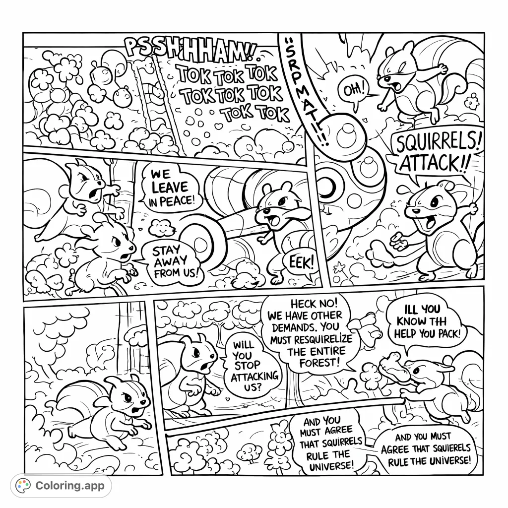 Dive into a fun comic adventure! This coloring page features a lively scene with cartoon squirrels battling a mechanical character, full of action and whimsical details.