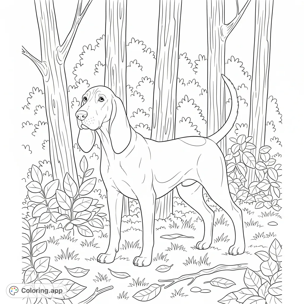 A charming coonhound stands in a detailed woodland scene, perfect for nature and animal lovers. Explore the textures of the forest and the hound's unique features.