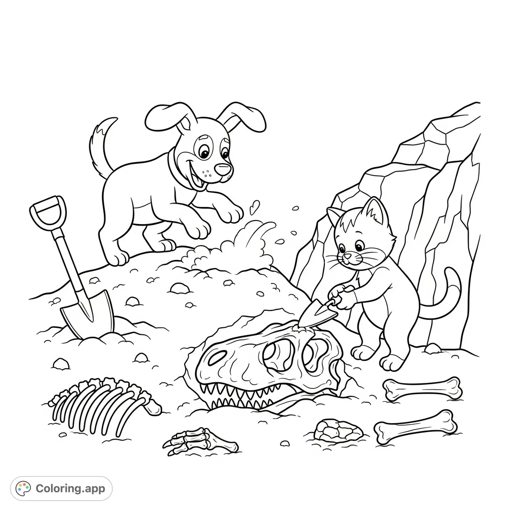 Join an adorable dog and cat duo on an exciting archaeological adventure as they unearth ancient dinosaur bones, creating a charming scene perfect for coloring.