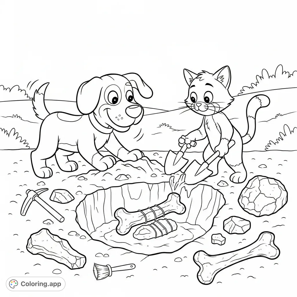 An exciting free printable dinosaur bones coloring page for kids, featuring an adventurous cartoon dog and cat enthusiastically digging for ancient fossils.