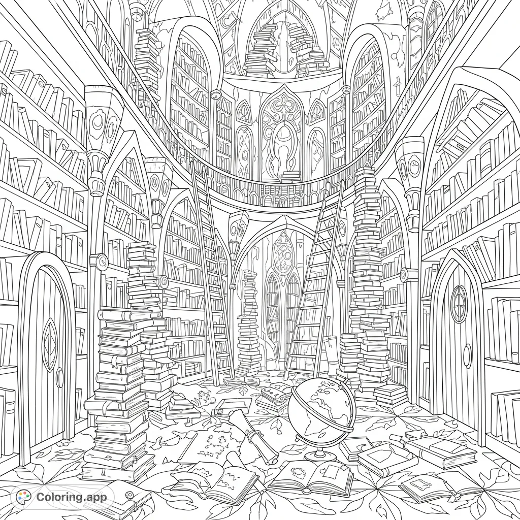 Dive into a whimsical library filled with towering, overflowing bookshelves, winding ladders, and scattered books. A detailed free printable coloring page for all ages.