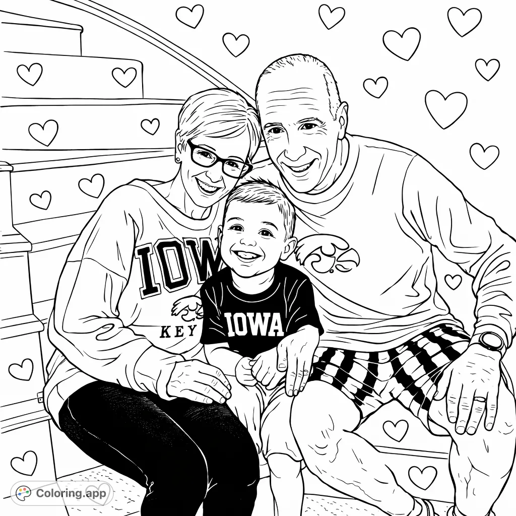 A heartwarming family portrait featuring a young child with their loving grandparents, all smiling brightly together on a staircase. Perfect for celebrating family bonds.