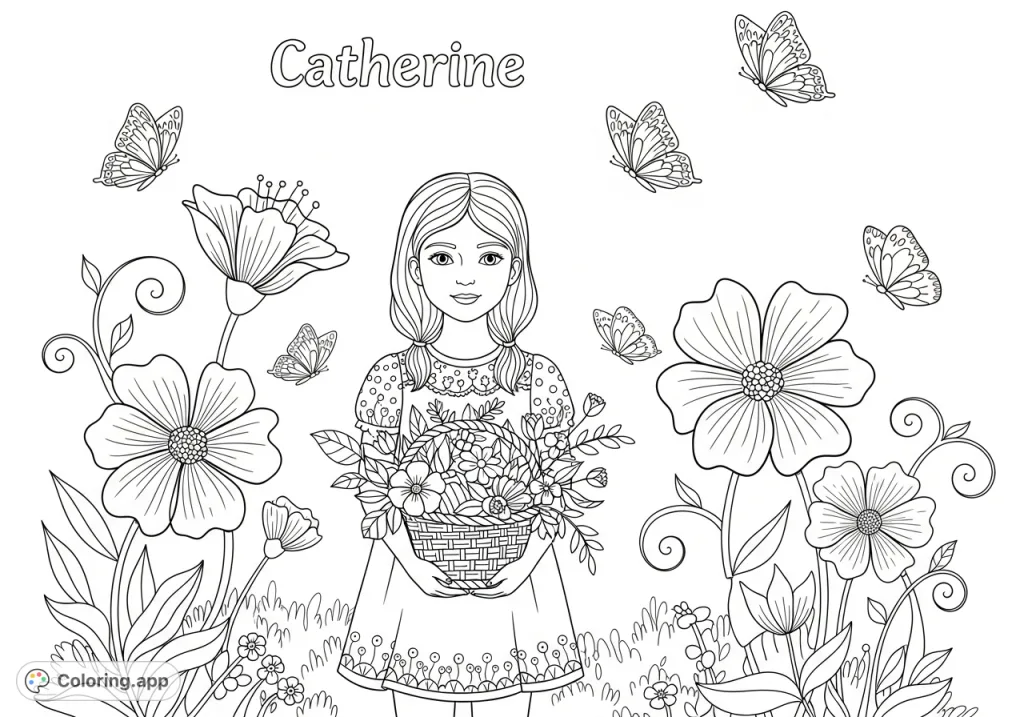 Join Catherine in a delightful garden scene, holding a basket of flowers amidst blooming plants and fluttering butterflies. A charming coloring page for all ages.