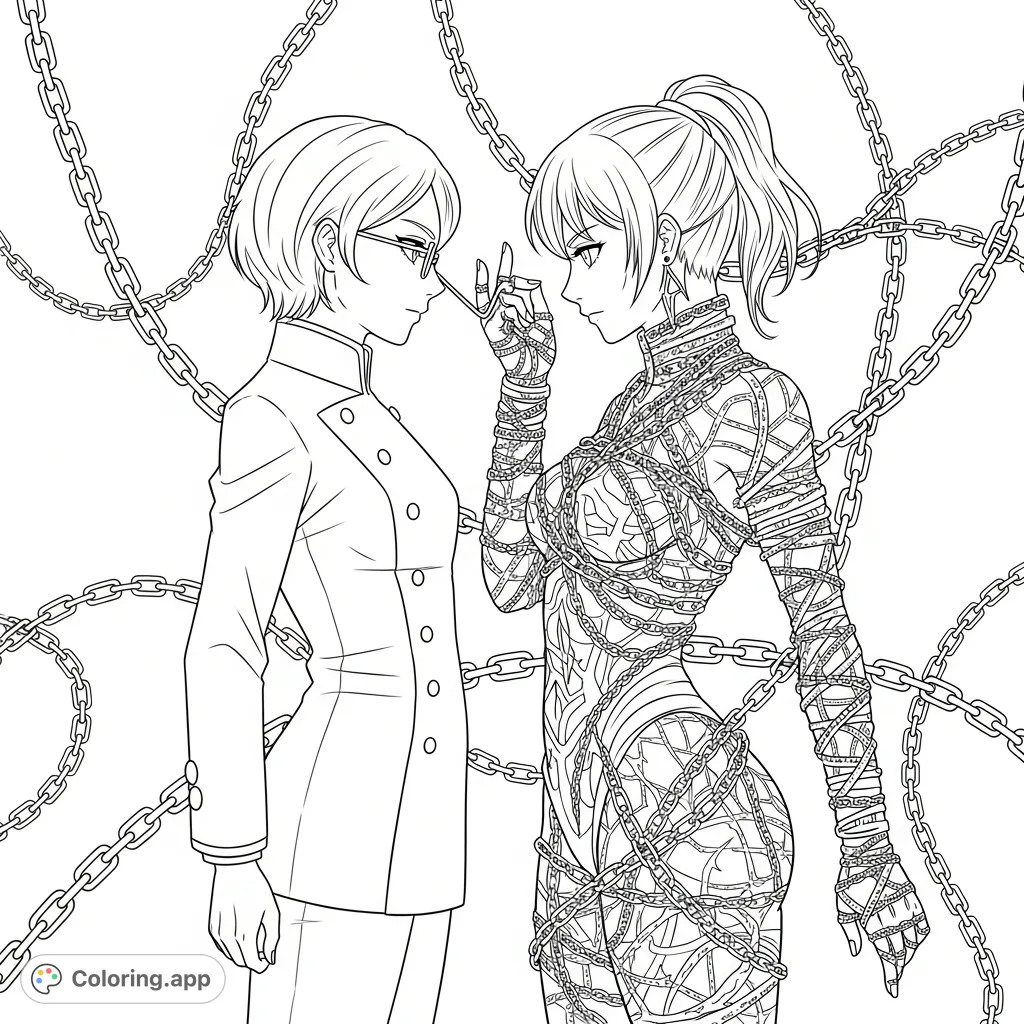 An intricate coloring page featuring two distinct female figures, one academic and one adorned with chains, set against a backdrop of intertwined chains.