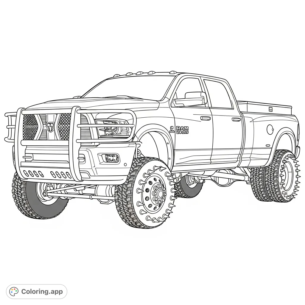 Color a powerful Dodge Ram 2500 dually truck with a high suspension lift, spiked lug nuts, a toolbox, and a heavy-duty bull bar, ready for adventure.