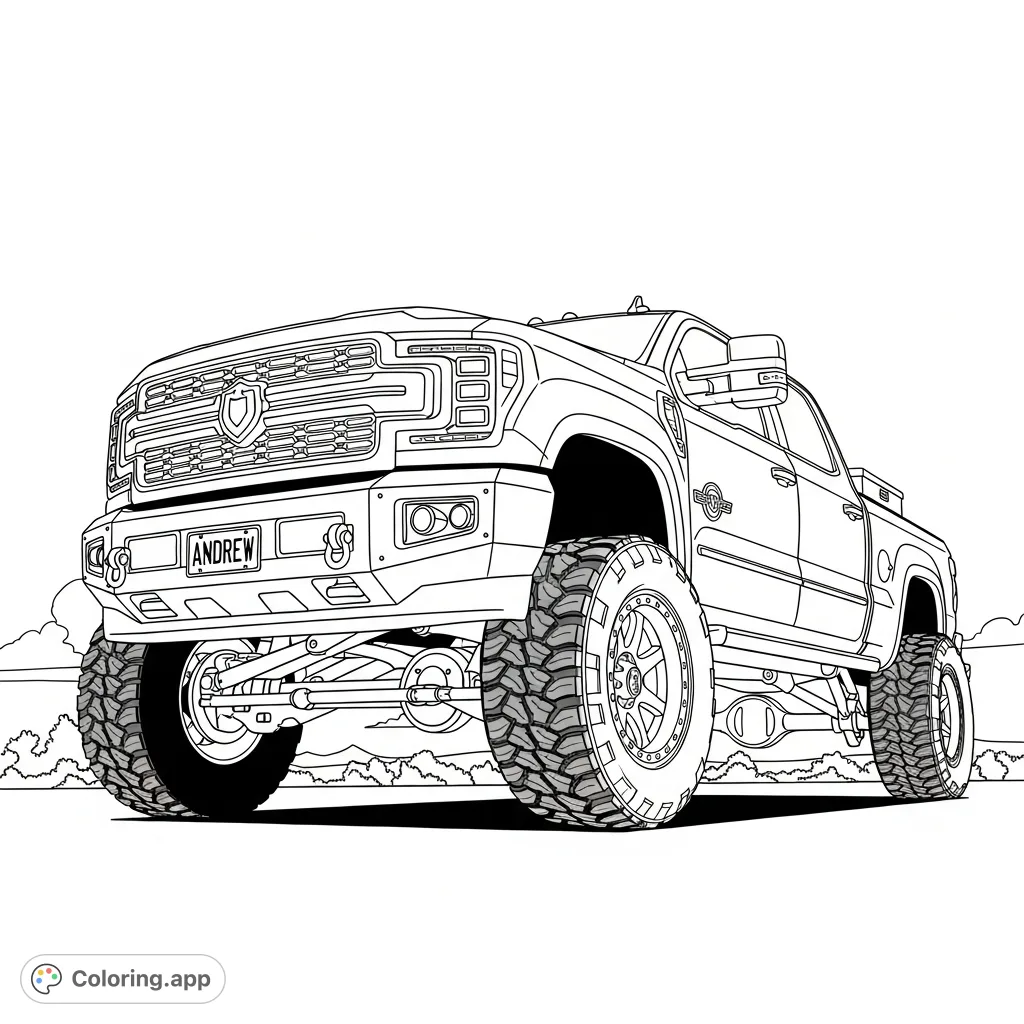 Color a powerful, lifted four-door pickup truck with large wheels, a detailed grille, and a crossover toolbox. Features a personalized license plate.