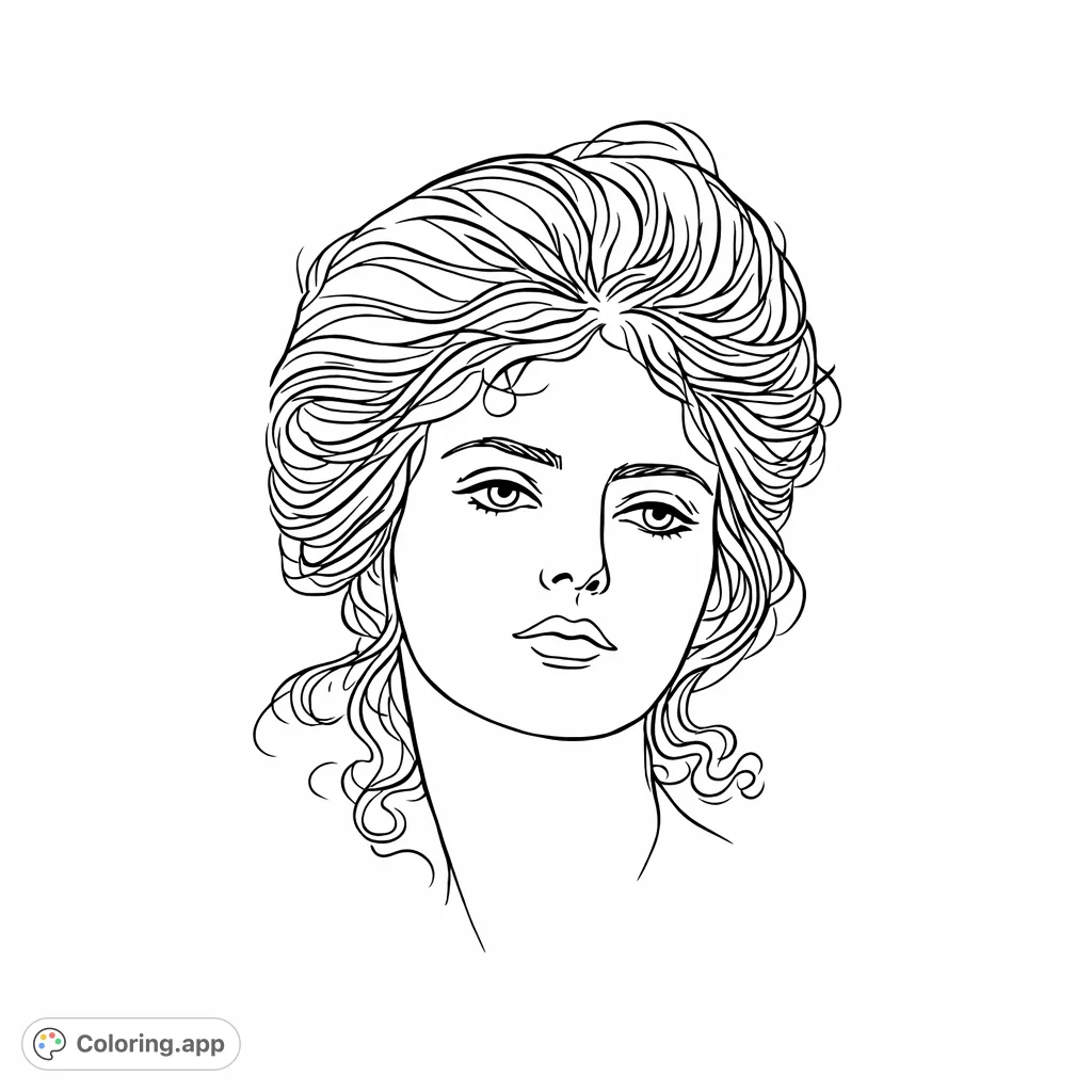 An elegant portrait of a woman with voluminous, styled hair and a thoughtful expression. This detailed classical sketch offers a sophisticated coloring experience.