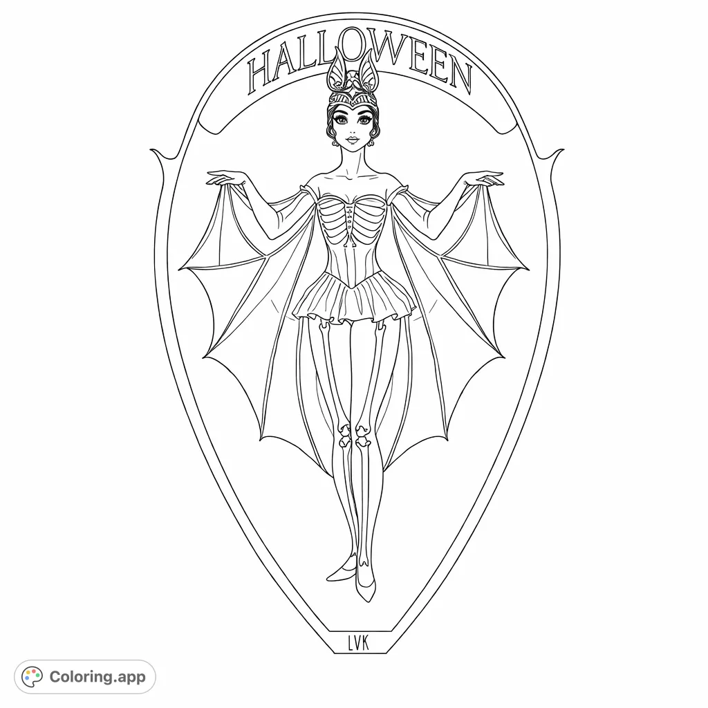 A vintage-inspired Halloween bat skeleton lady in a chic costume with expansive wings, framed within a decorative shield with 'HALLOWEEN' banner.