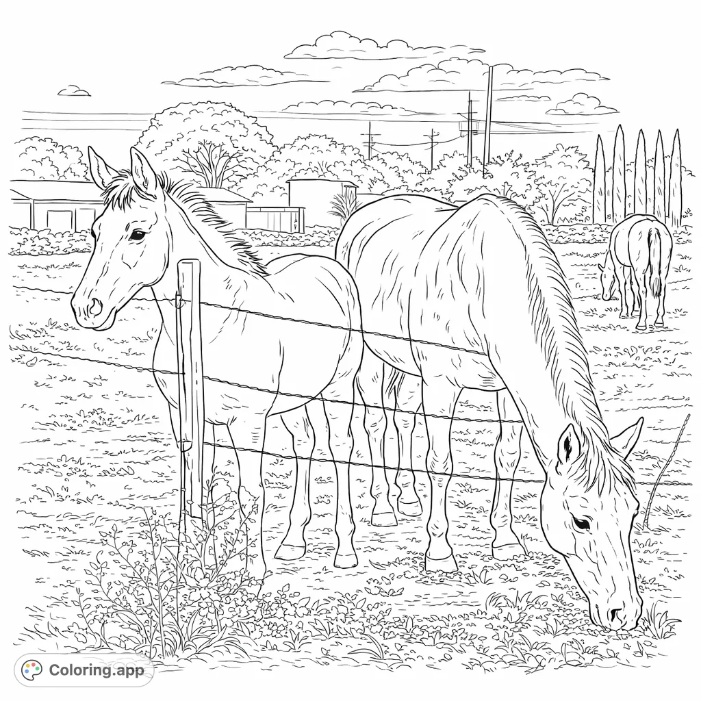 A serene horse family coloring page featuring a young foal and two adults grazing in a field with a rural background. Perfect for nature lovers.