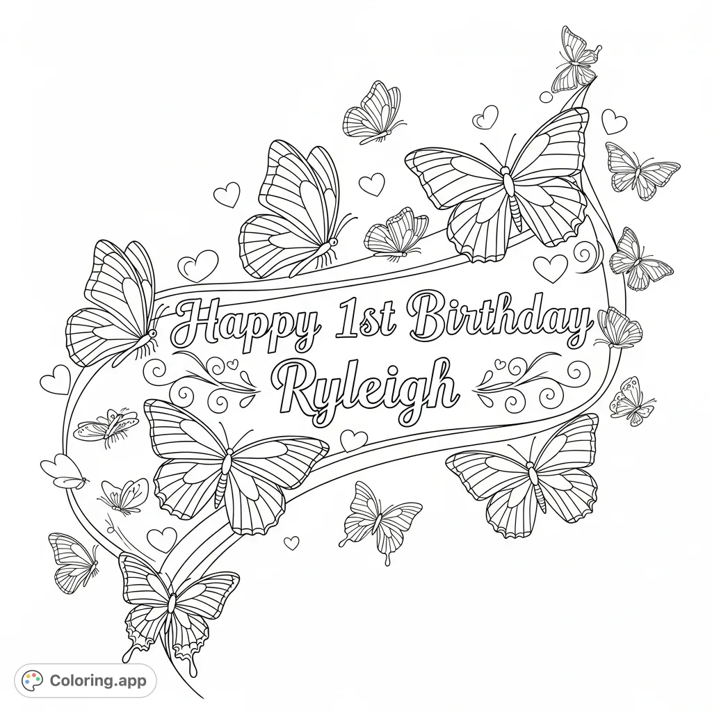 Celebrate Ryleigh's 1st birthday with this delightful coloring page featuring elegant script, whimsical flourishes, and a beautiful array of butterflies.