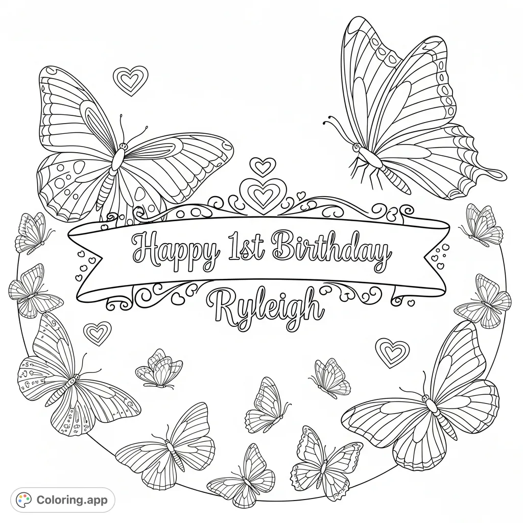Celebrate Ryleigh's special day with this elegant coloring page featuring a custom "Happy 1st Birthday Ryleigh" banner surrounded by decorative butterflies.