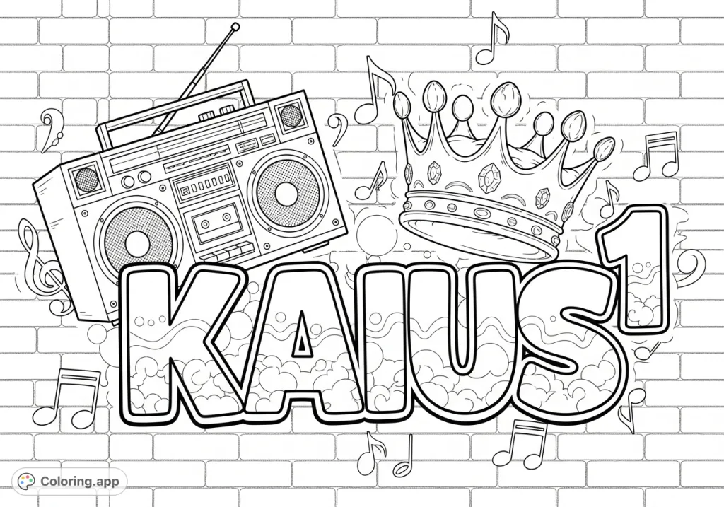 Explore an urban graffiti wall featuring 'Kaius' in bold letters, a crown, boom box, and music notes. A dynamic, stylized street art coloring page.