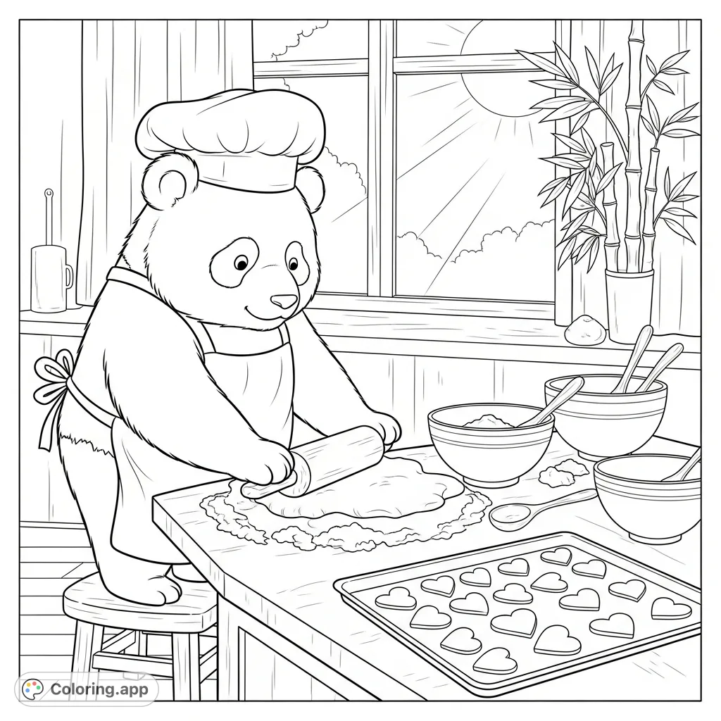Join a fluffy panda in a cozy kitchen, busy baking heart-shaped cookies. Flour dust, mixing bowls, and a sunny window create a delightful scene.