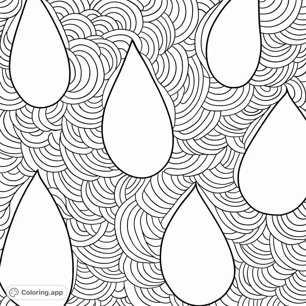 Abstract design featuring large teardrop shapes over an intricate background of dense, flowing patterns. Perfect for meditative coloring and creative expression.