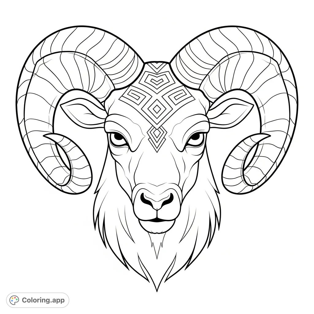 Unleash your creativity with this striking Aries ram head coloring page! Features a fierce, head-on expression and stylized tribal horns.