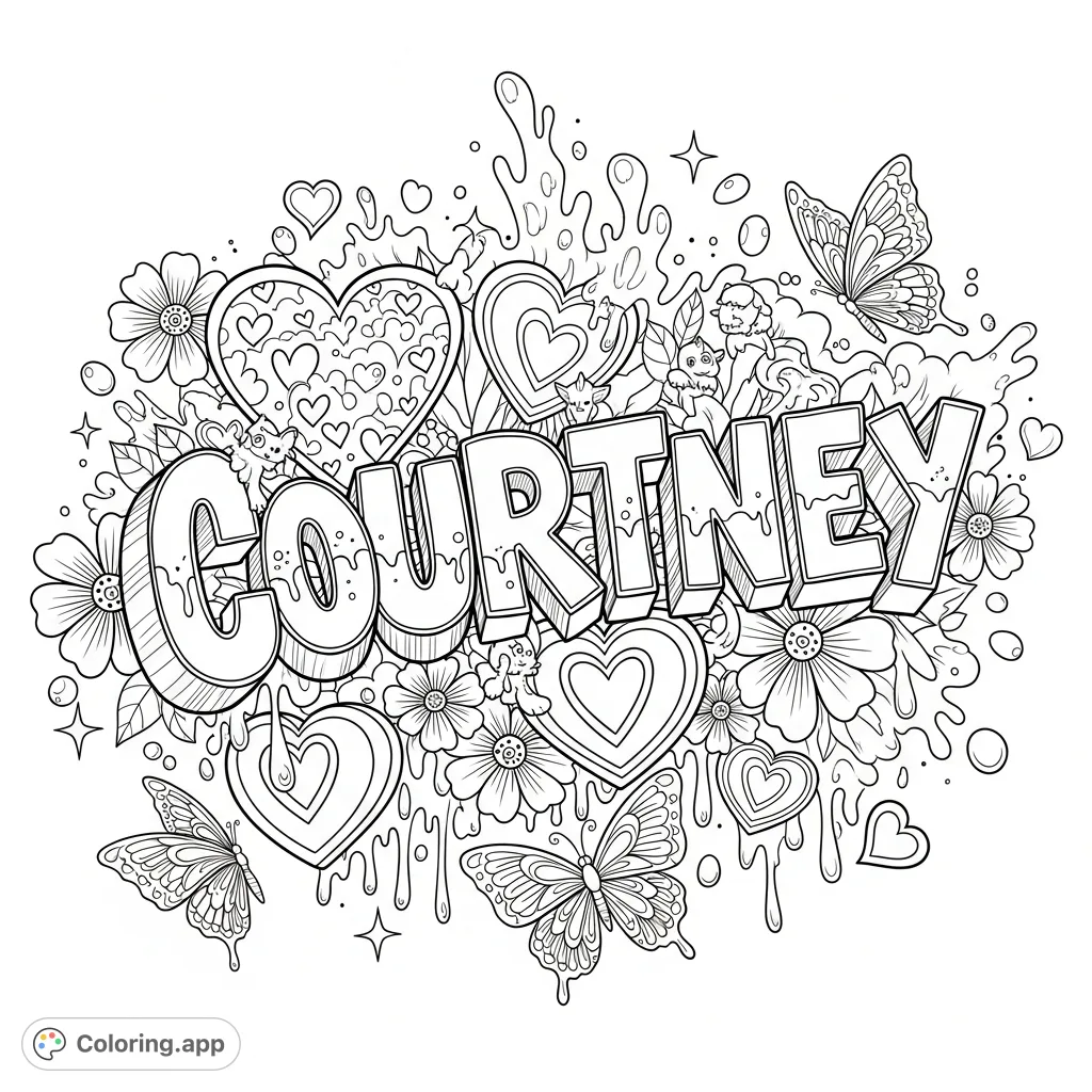 A dynamic graffiti-style coloring page featuring "Courtney" in bold 3D letters, surrounded by hearts, detailed flowers, and delicate butterflies against a bubbly, dripping background.