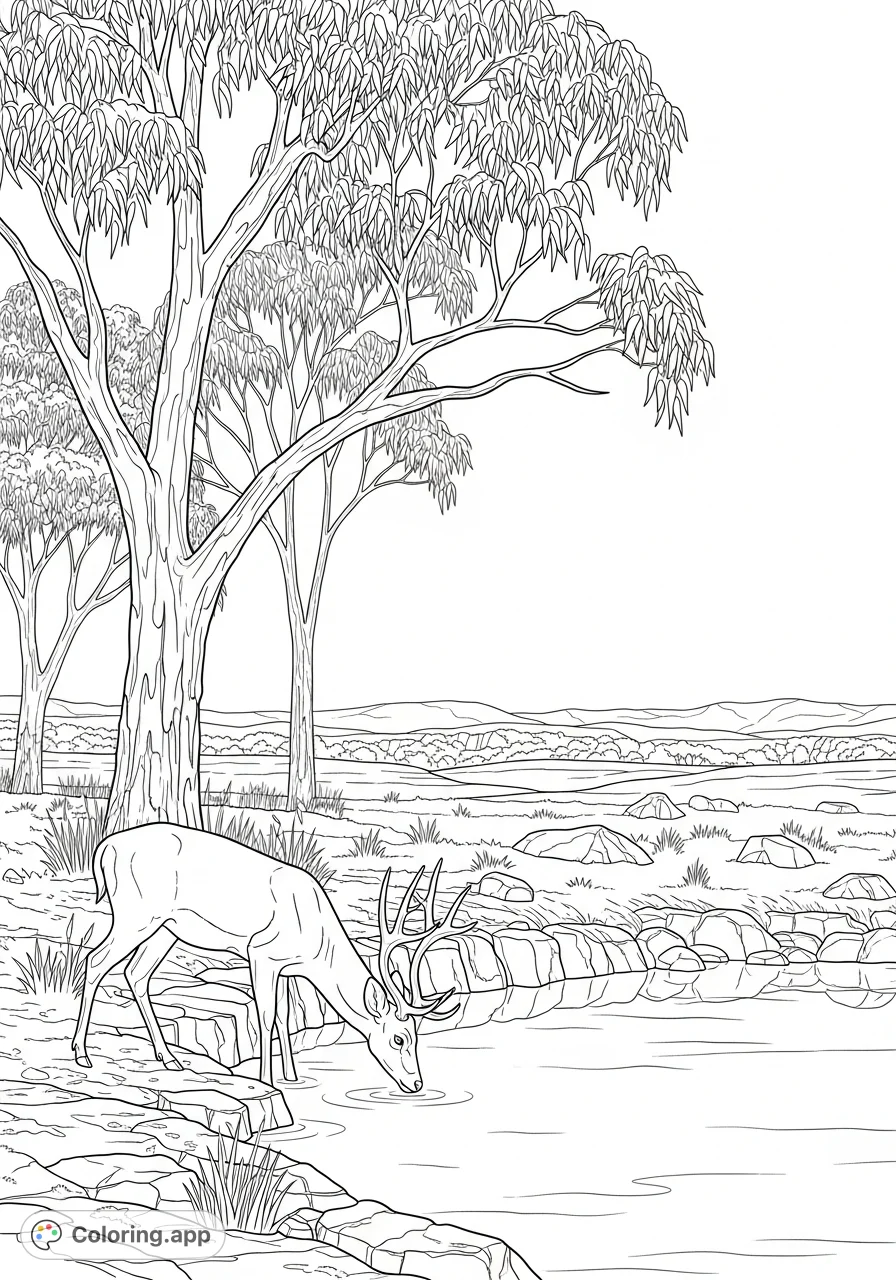 Discover an elegant deer gracefully drinking from a tranquil dam amidst the rugged Australian outback forest, a serene nature scene perfect for mindful coloring.