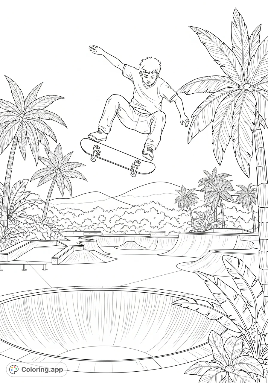 Catch a young skater mid-air performing a 360-degree trick in a vibrant tropical skatepark, surrounded by lush palms and concrete ramps. Perfect for enthusiasts!