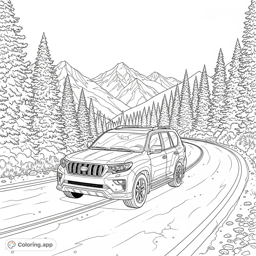 Navigate a majestic mountain landscape with a powerful sports utility vehicle. Features winding roads, dense pine forests, and snow-capped peaks under a clear sky.