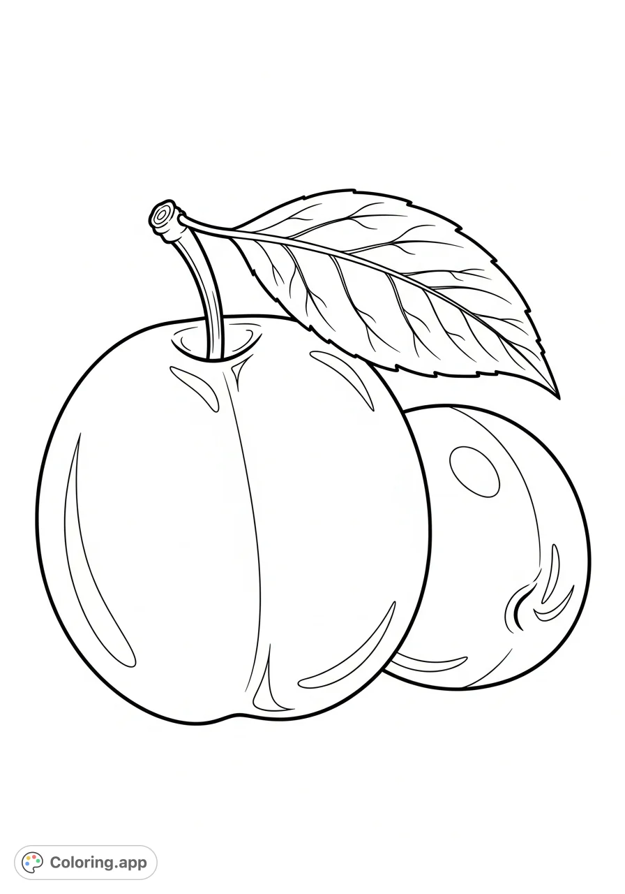 Discover a delightful plum coloring page featuring two prominent plums, a stem, and a detailed leaf, filling the page with inviting forms for a delightful coloring experience.