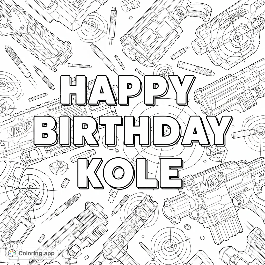 Celebrate with a dynamic Nerf gun theme coloring page featuring blasters, darts, targets, and the prominent message "HAPPY BIRTHDAY KOLE"!