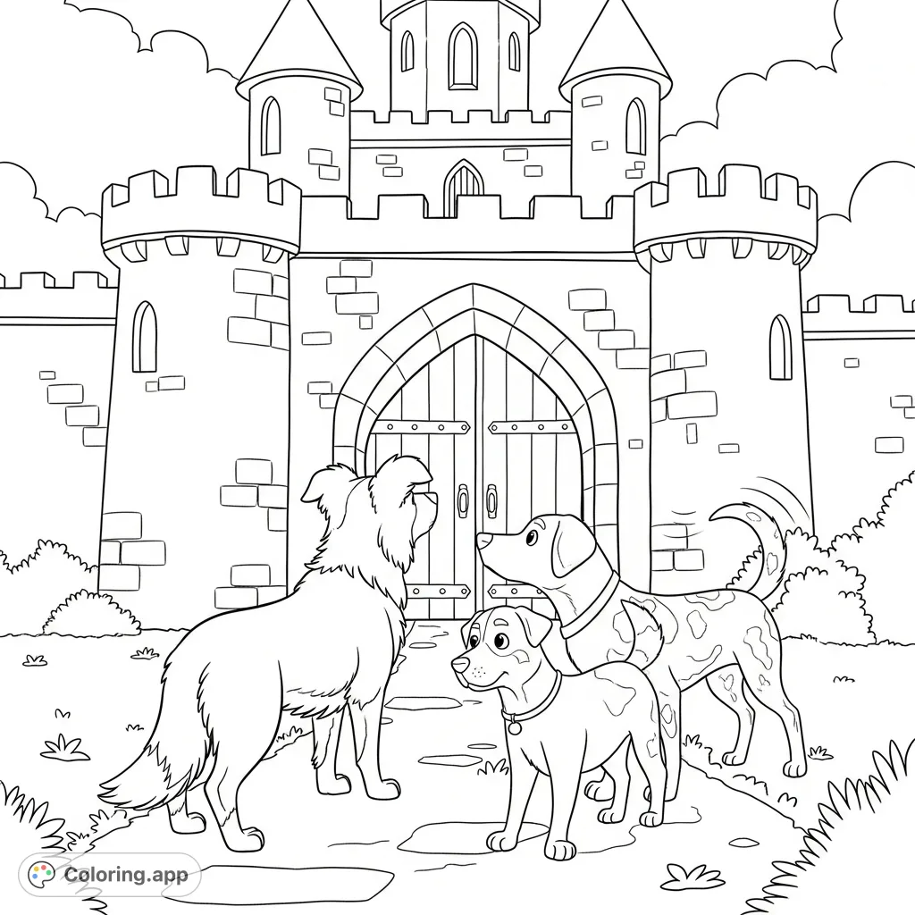 A charming castle dogs coloring page featuring three distinctive canine companions—Striker, Echo, and Chili—exploring a majestic castle.