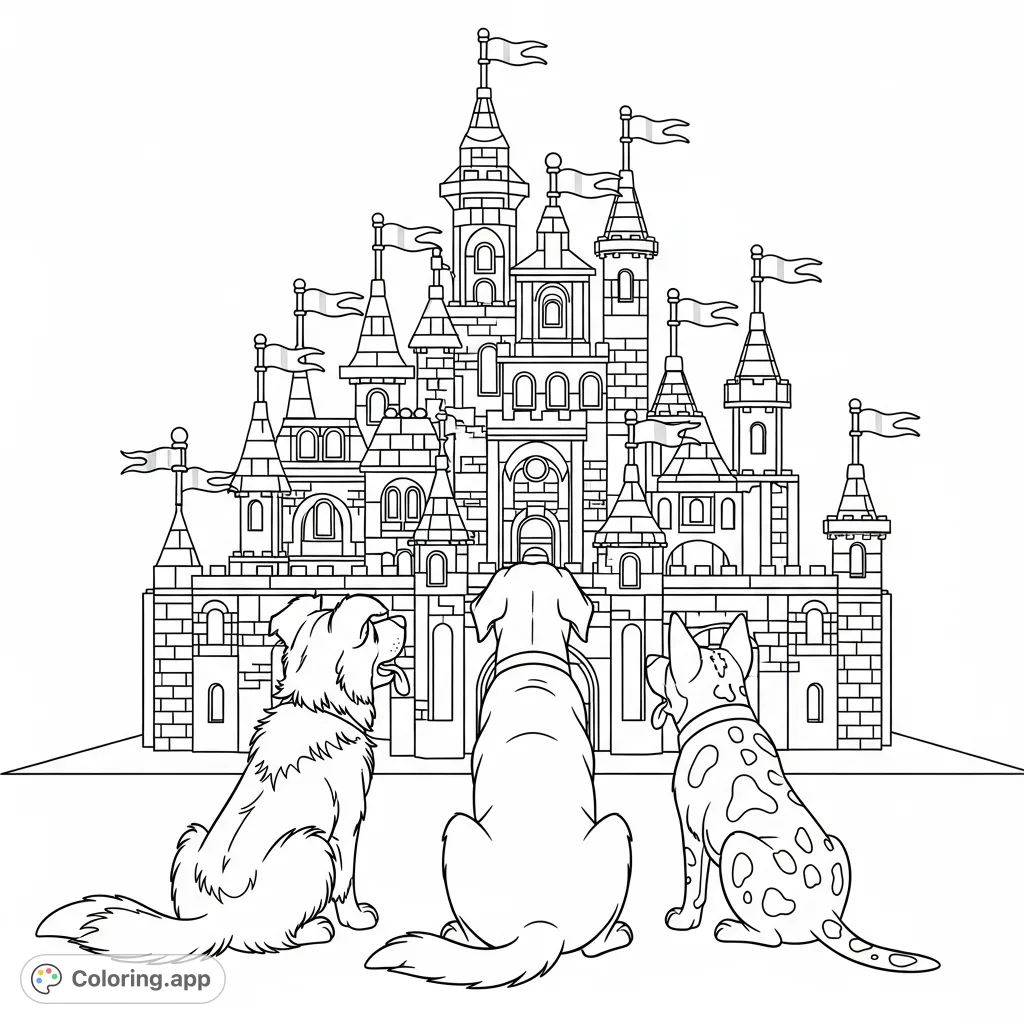 A delightful Lego castle coloring page featuring Striker the border collie, Echo the lab, and Chili the cattle dog mix, tails wagging with curiosity.