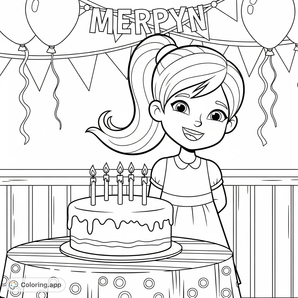 Celebrate Merryn's special day! A joyful 5-year-old girl with a long ponytail stands proudly beside her birthday cake, adorned with five candles, amidst festive decorations.