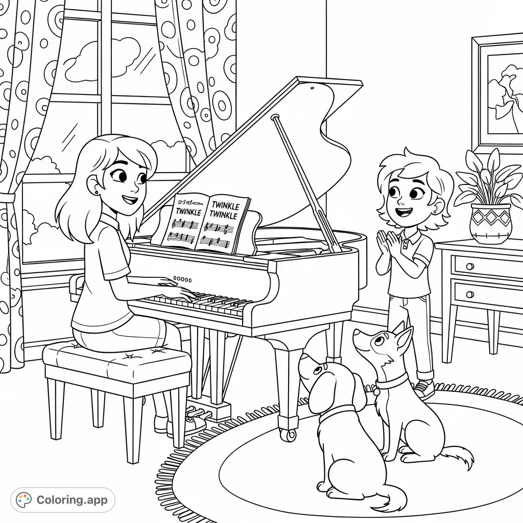 A heartwarming scene featuring Merryn playing "Twinkle Twinkle Little Star" on a grand piano, while JJ claps and two attentive dogs listen. A lovely musical moment.