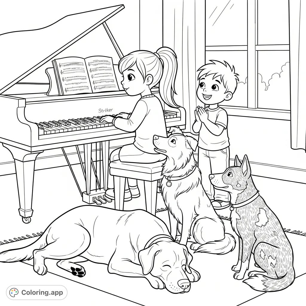 A heartwarming scene of Merryn playing piano while JJ claps and their beloved dogs, Striker, Echo, and Chili, listen attentively. A charming musical moment.
