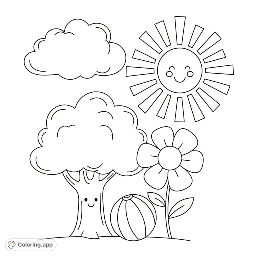 A super simple whimsical scene featuring a friendly cloud, smiling sun, happy tree, and bouncy ball, perfect for young children to enjoy coloring.