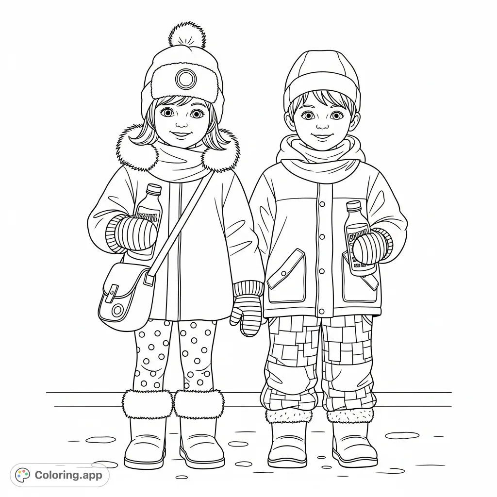 Discover a charming winter children coloring page featuring a smiling boy and girl in detailed cold-weather attire, ready for creative expression.