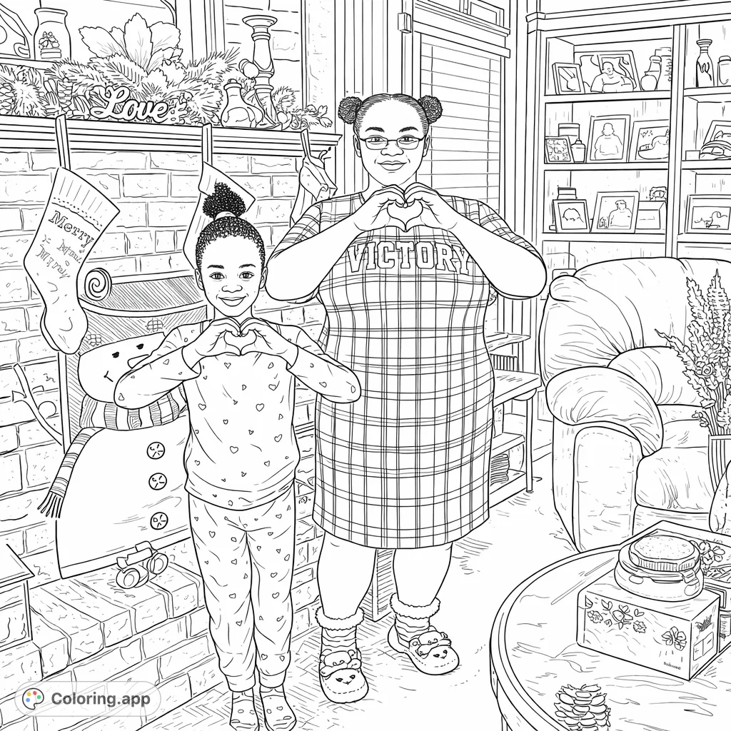 Two individuals form heart shapes in a festive, cozy room adorned with holiday decorations, a fireplace, and a bookshelf. A warm scene for coloring.