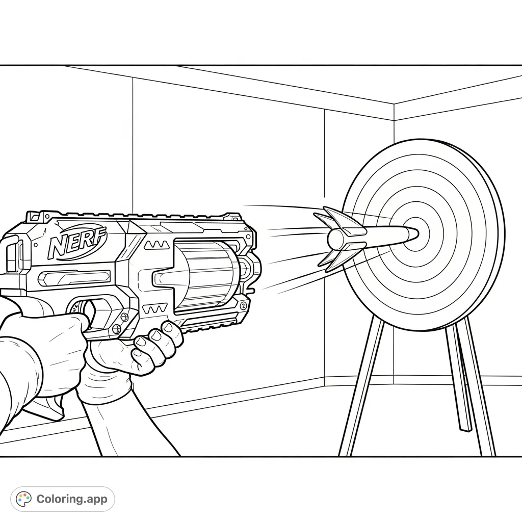 Capture the excitement of a Nerf gun target practice scene! A Nerf dart flies towards a bullseye target, perfect for kids' free printable coloring page fun.