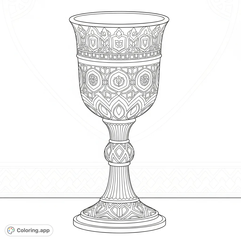 An elaborate Kiddush cup with intricate patterns stands centered, offering a meaningful coloring experience celebrating Pesach traditions.