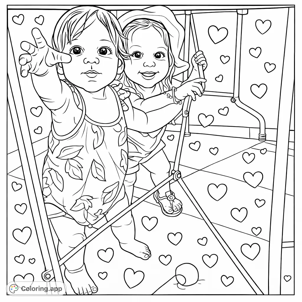 Adorable toddlers peeking from under a table, one pointing playfully. A charming scene for a fun coloring page with decorative heart patterns.